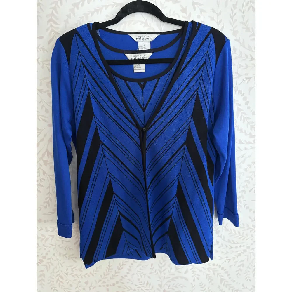 Vintage Set Misook Blue and Black Striped Long Sleeve Top - Picture 3 of 8